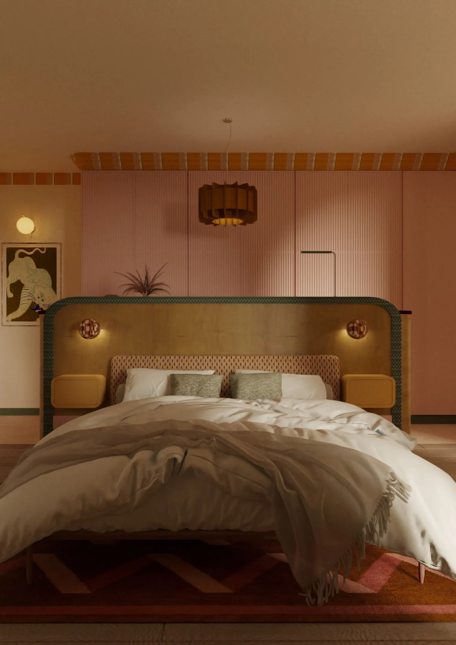 Sypialnia w stylu art deco z różowymi żebrowanymi ścianami, pomarańczową bordiurą z płytek, niestandardowym zagłówkiem, złotymi akcentami, ozdobnym oświetleniem i nastrojowymi tonami.