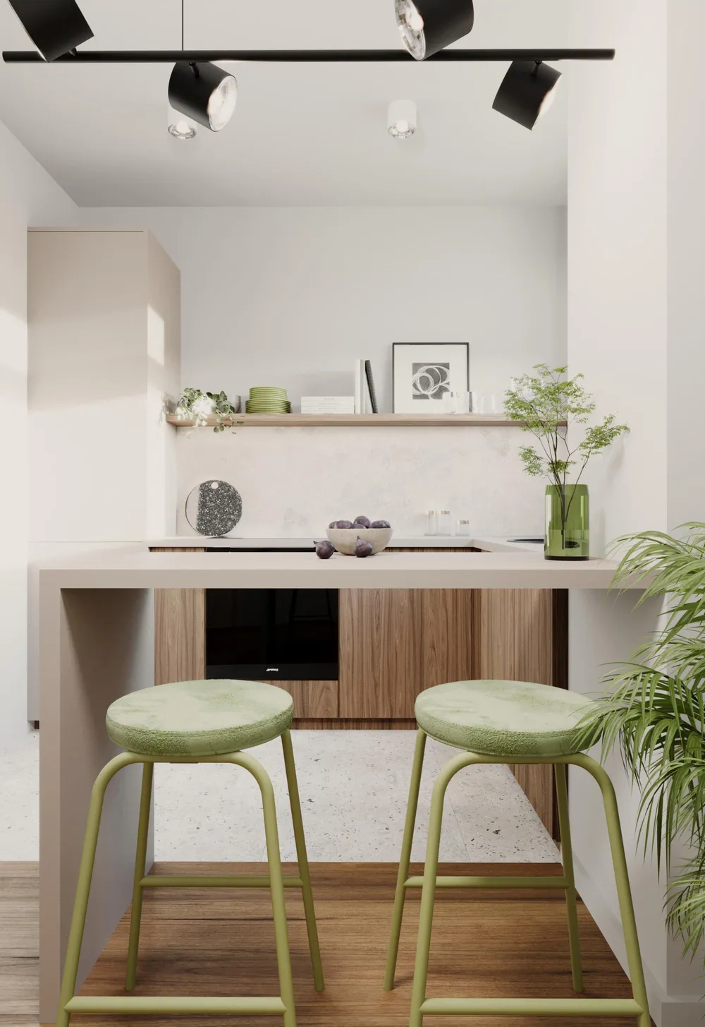 Minimalistyczna nowoczesna kuchnia z białymi szafkami, drewnianym blatem, białą wyspą, zielonymi hokerami i dekoracyjną półką.