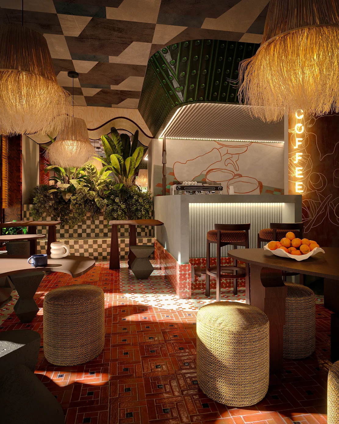 Bohemian-style cafe with a brown sofa, unique coffee table, pendant lamp, textured walls, and plants throughout.