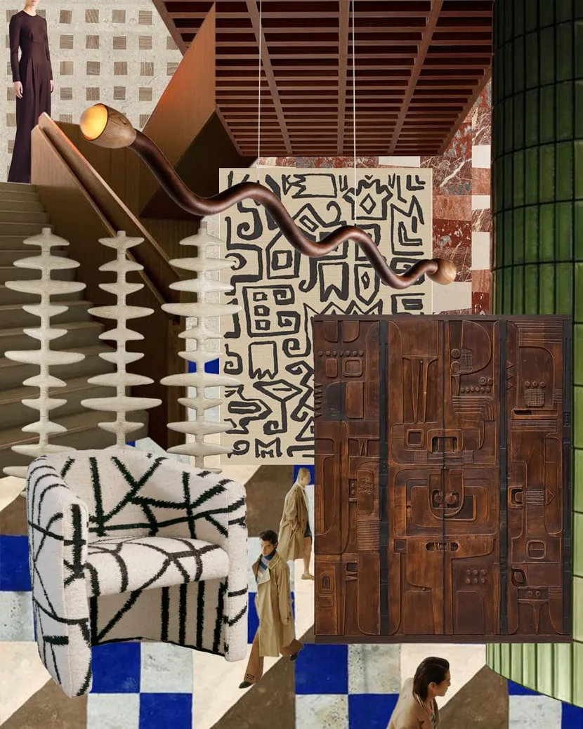 Surrealistyczny kolaż z kobietą w czarnej sukience, wzorzystym fotelem i rzeźbionym drewnianym panelem, łączący rzeczywistość z fantazją.