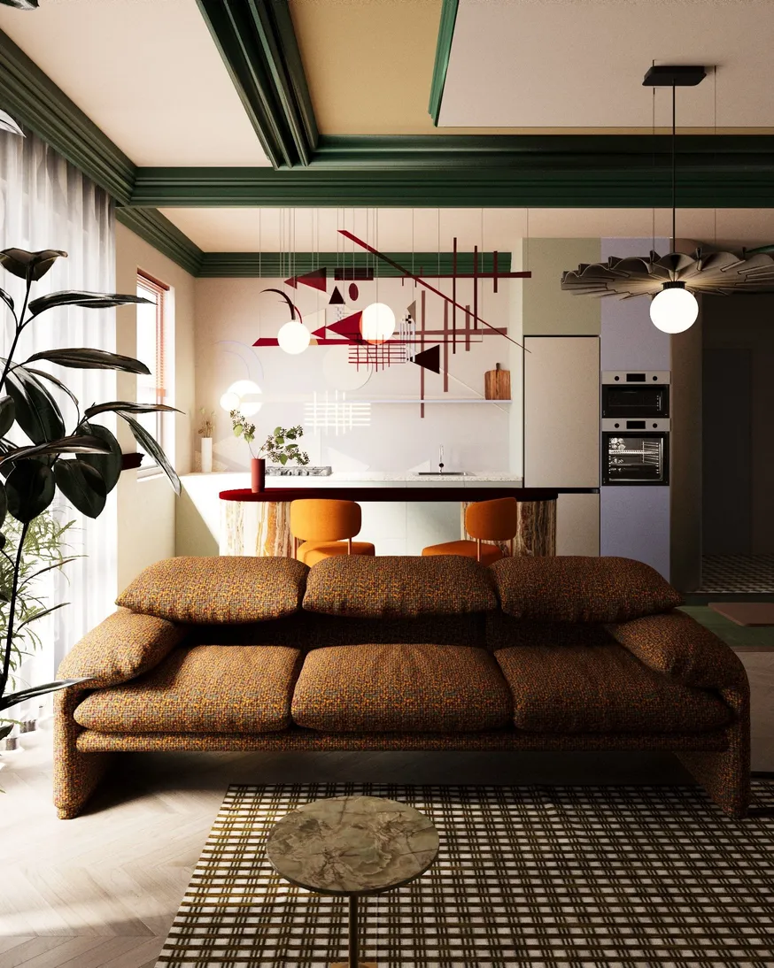 Nowoczesne mieszkanie z przytulną brązową sofą, geometryczną sztuką, zieloną ścianą, białą kuchnią i wyjątkową lampą wiszącą.
