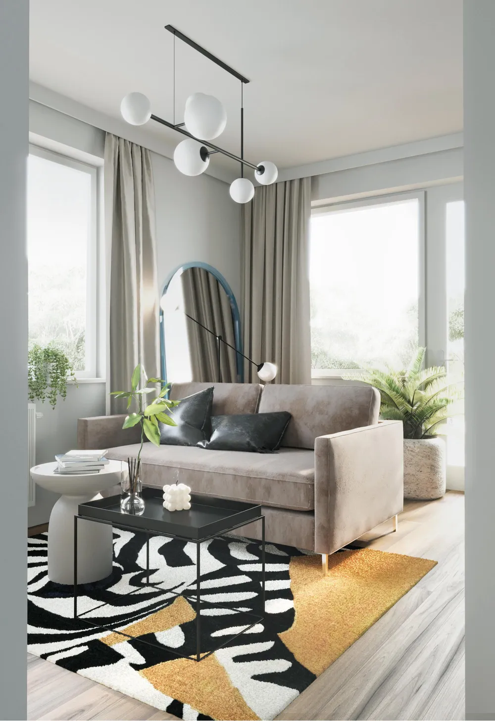 Nowoczesny salon z szarą sofą, czarnym stolikiem kawowym, dywanem w zebrę, lampą wiszącą i dużym oknem.