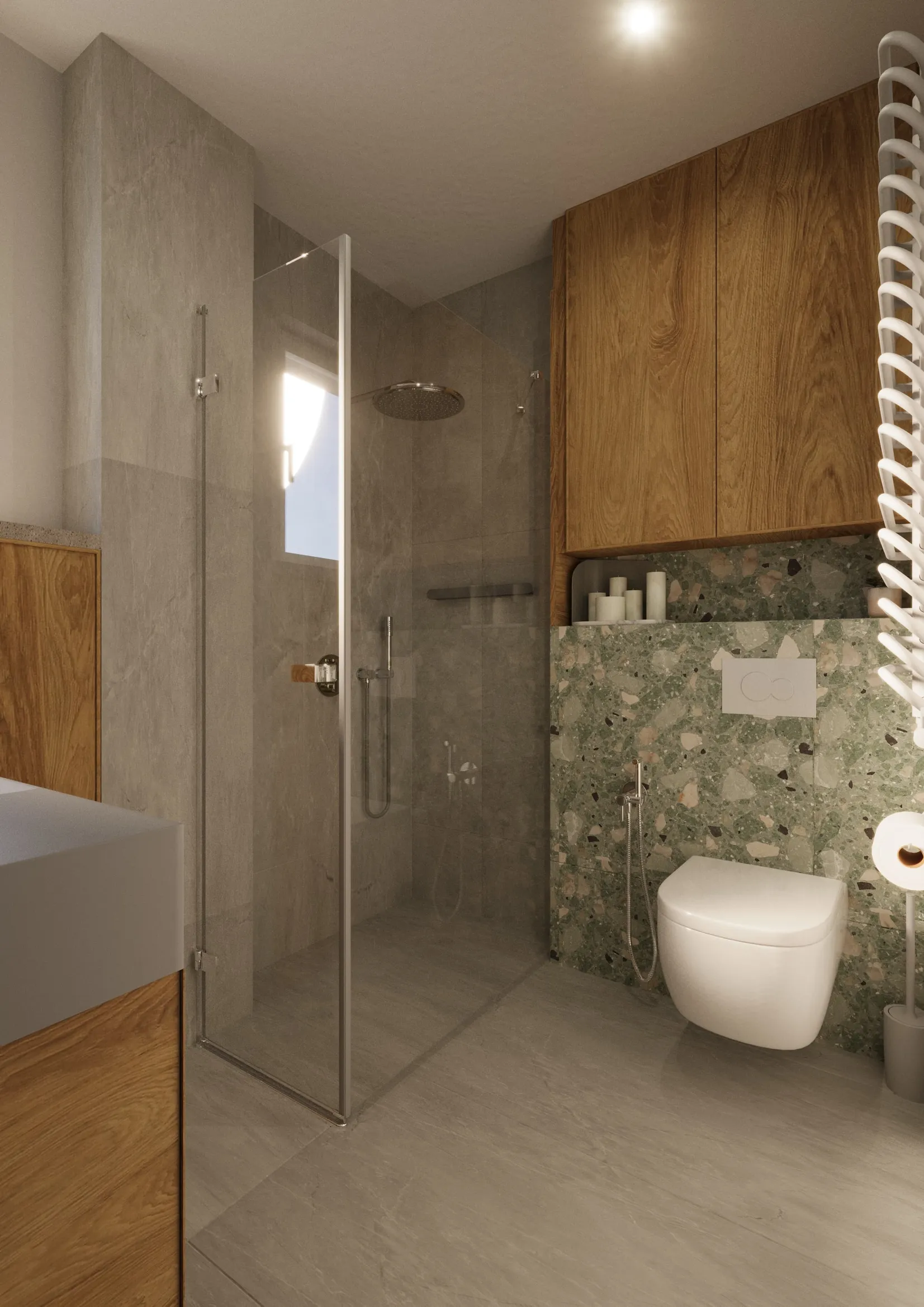 Łazienka art-deco z drewnianą szafką, betonowym blatem, podświetlanym lustrem, wzorzystą ścianą i neutralnym, minimalistycznym designem.
