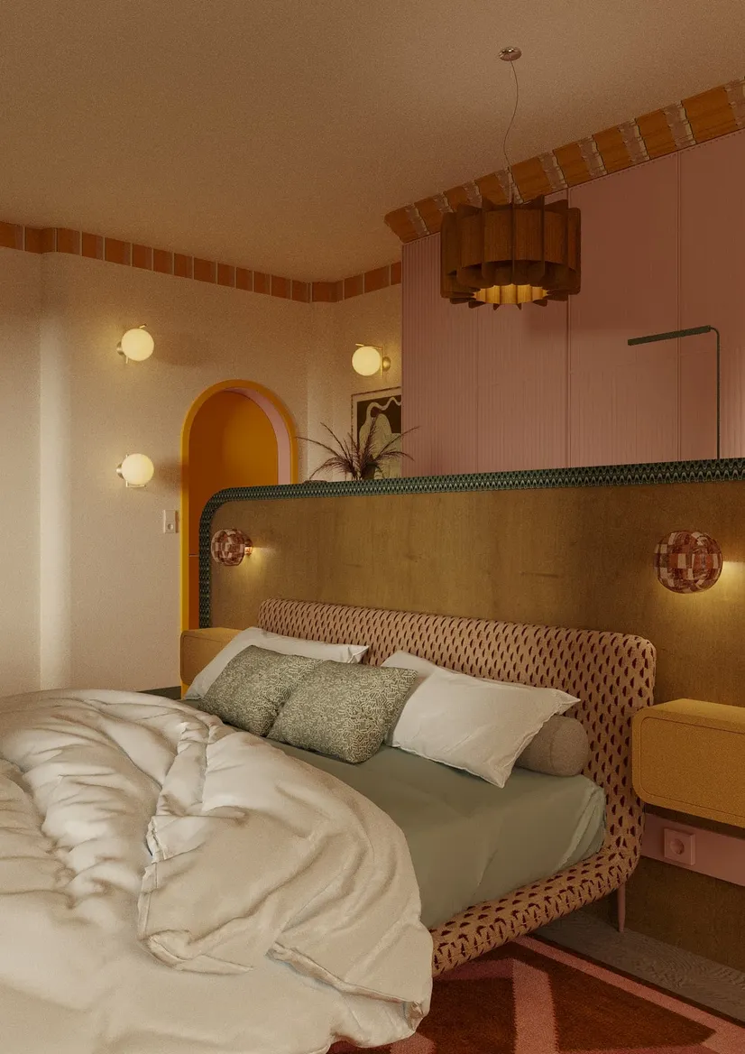 Sypialnia w stylu art deco z pomarańczowym łukiem, kulowymi kinkietami, teksturowanym stelażem łóżka, różowymi ścianami, geometrycznymi płytkami i drewnianą lampą wiszącą.