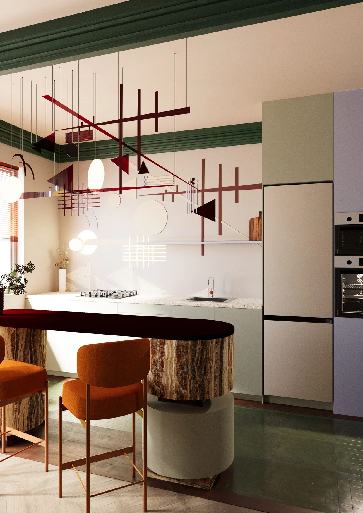 Nowoczesna kuchnia z białym blatem, geometryczną sztuką, wyjątkową lampą, drewnianą wyspą i pomarańczowymi hokerami.