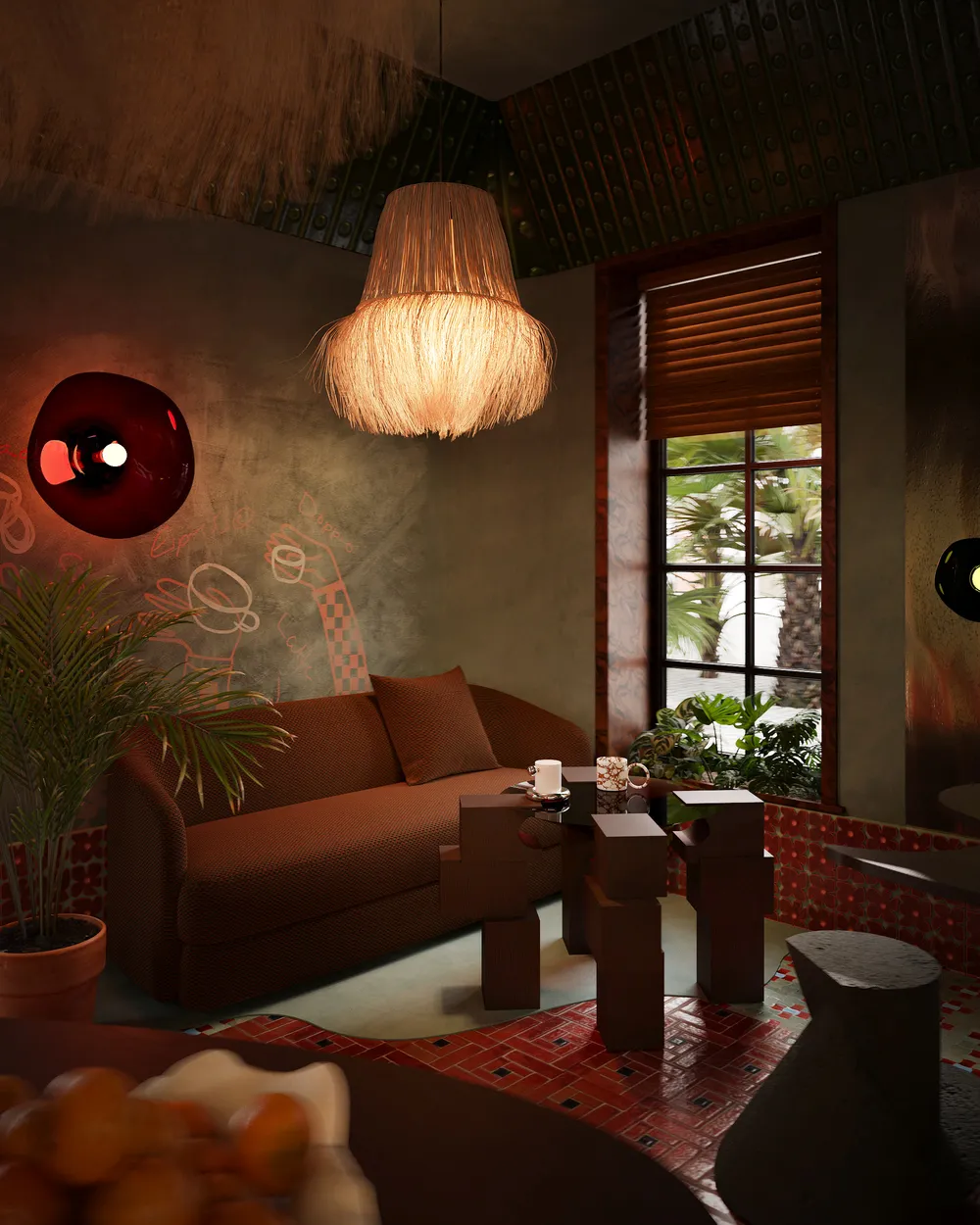 Bohemian cafe with a brown sofa, unique coffee table, pendant lamp, textured walls, and scattered plants.