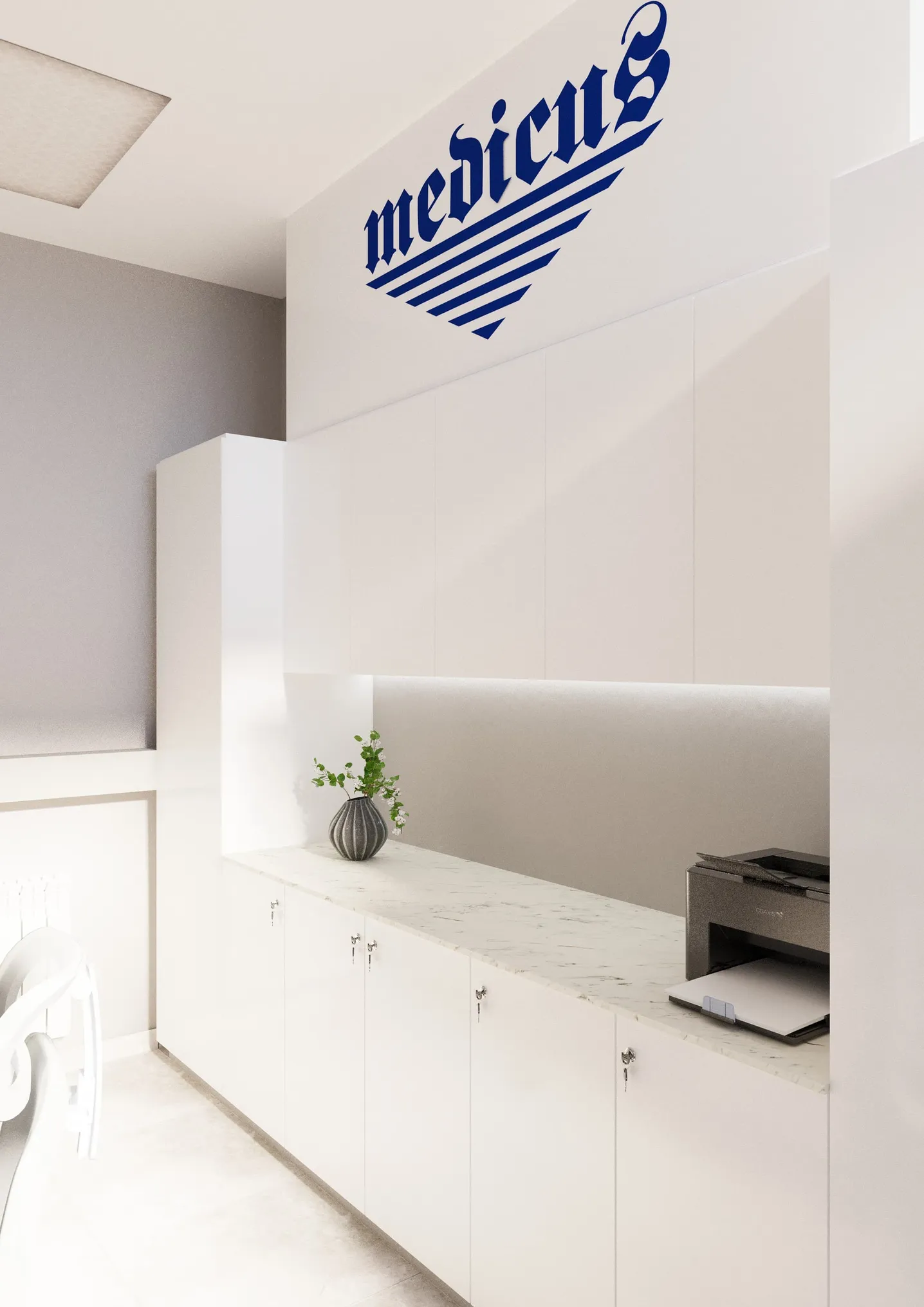 Minimalistyczne biuro z białymi ścianami, białym biurkiem i dużym logo "Medicus".