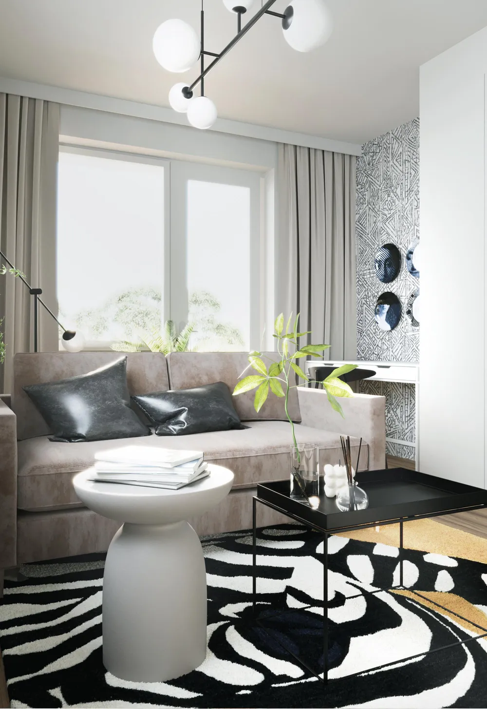 Nowoczesny salon z szarą sofą, czarnym stolikiem kawowym, dywanem w zebrę, lampą wiszącą i dużym oknem.