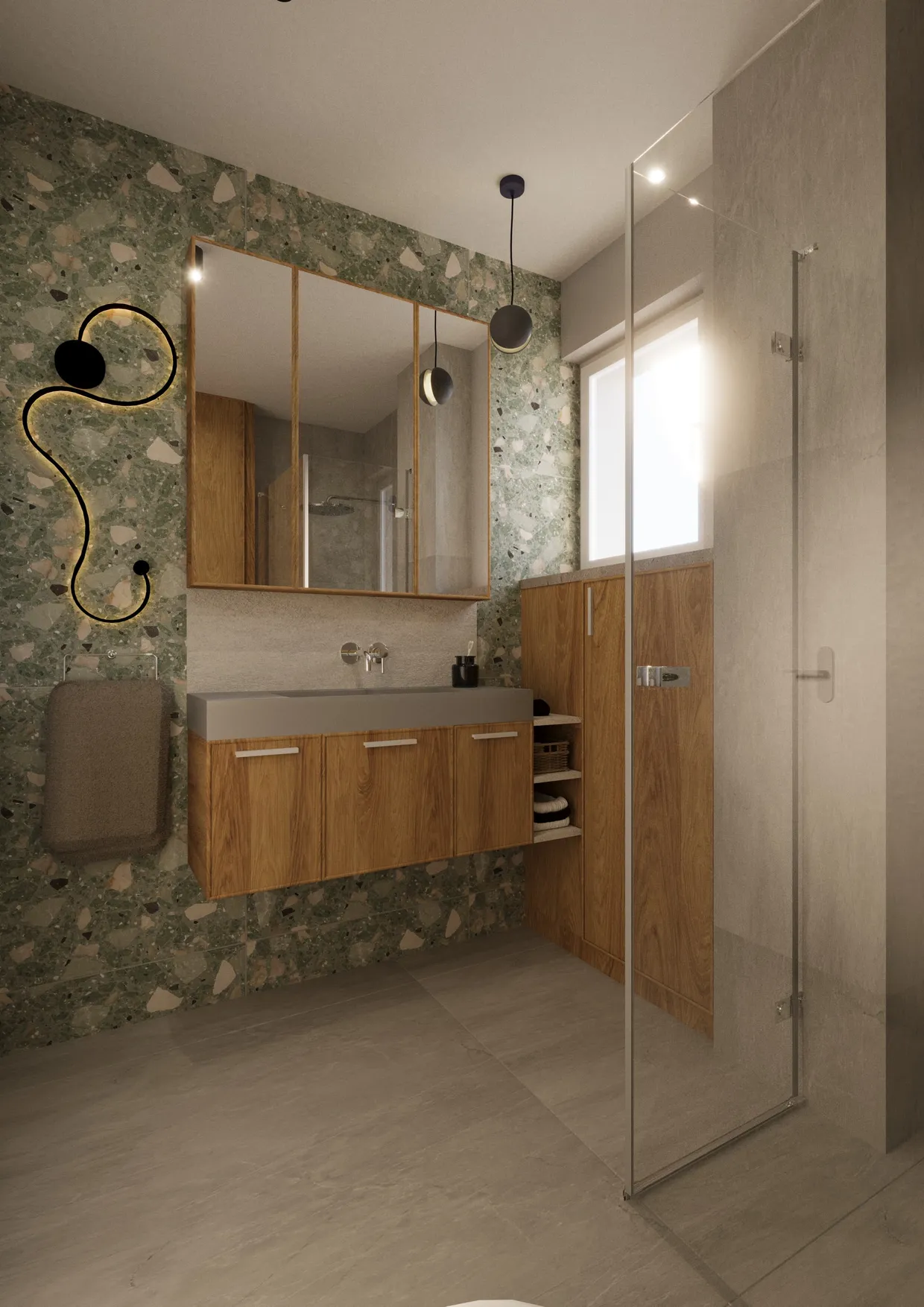 Łazienka art-deco z drewnianą szafką, betonowym blatem, podświetlanym lustrem, wzorzystą ścianą i neutralnym, minimalistycznym designem.
