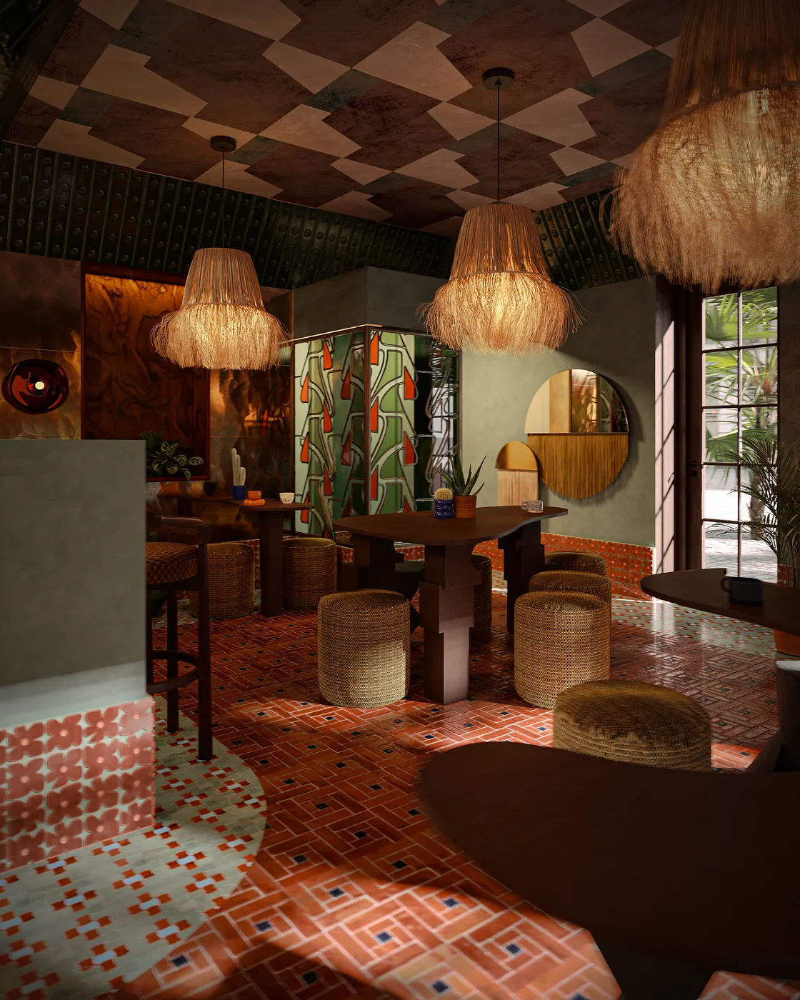Bohemian cafe with a unique coffee table, large pendant lamps, textured walls, and scattered plants.