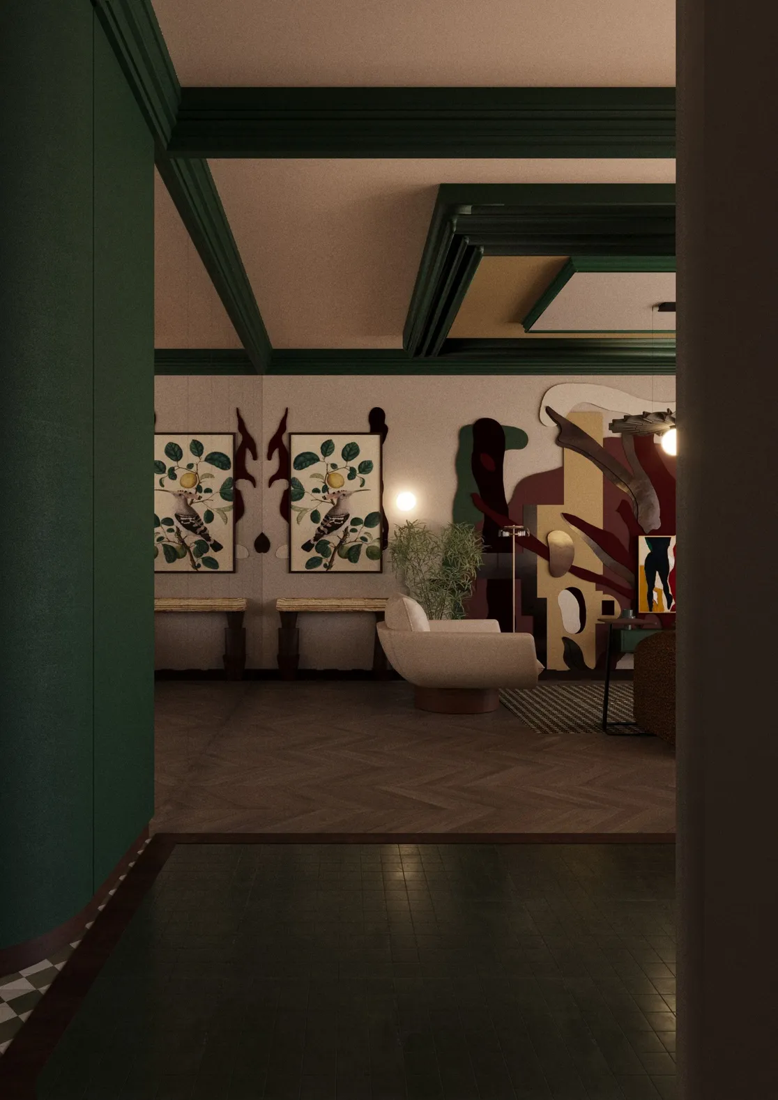 Zbliżenie na strefę wypoczynkową z białą sofą, dziełem sztuki i wzorzystą podłogą