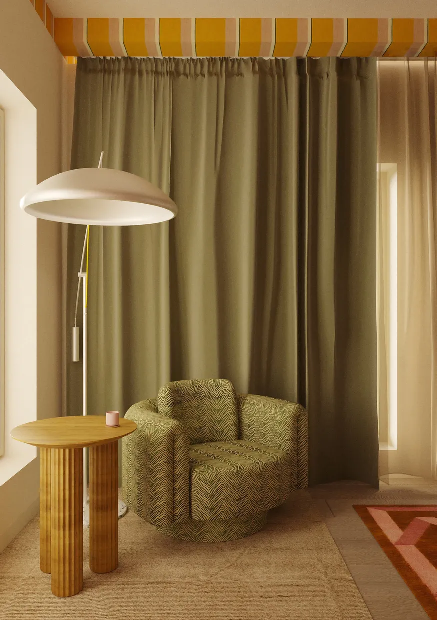 Retro kącik do czytania z zielonym wzorzystym fotelem, pasiastym sufitem, lampą łukową, drewnianym stolikiem i oliwnymi zasłonami.