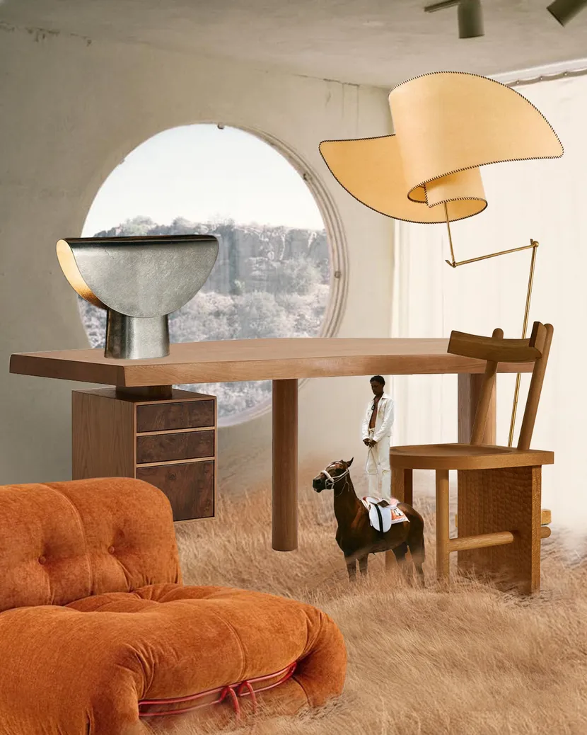 Surrealistyczne wnętrze z nowoczesnym biurkiem, krzesłem, lampą, okrągłym oknem, widokiem na góry, pomarańczową sofą na trawie i miniaturowym jeźdźcem na koniu.