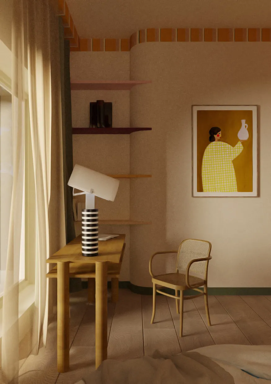 Narożne miejsce do pracy z drewnianym biurkiem, rattanowym krzesłem, wiszącymi półkami, pasiastą lampą, plakatem w żółtą kratę i ciepłym oświetleniem.