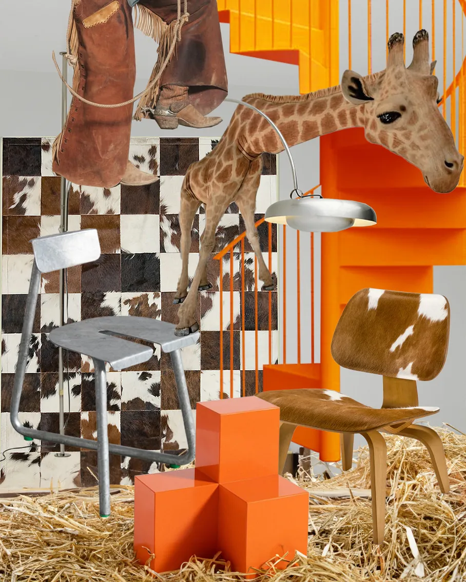 Surrealistyczny kolaż z żyrafą na pomarańczowych schodach, kowbojskimi butami zwisającymi z sufitu, krzesłem z krowiej skóry, szachownicową podłogą i łóżkiem ze słomy.