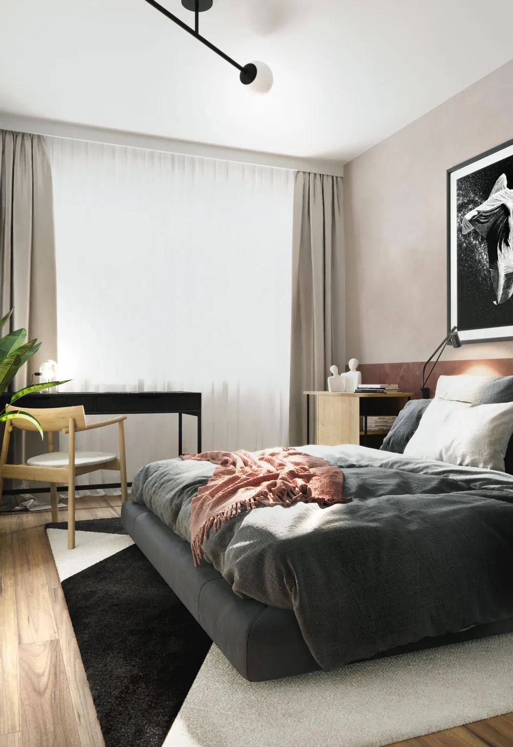 Nowoczesna sypialnia z szarą narzutą, różowym kocem, czarno-białą grafiką i dużym oknem.
