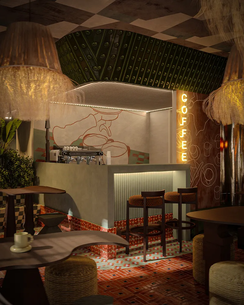 Whimsical cafe with a long bar, coffee machine, lush greenery, unique lighting, and a colorful tiled floor. Inviting and eclectic vibe.