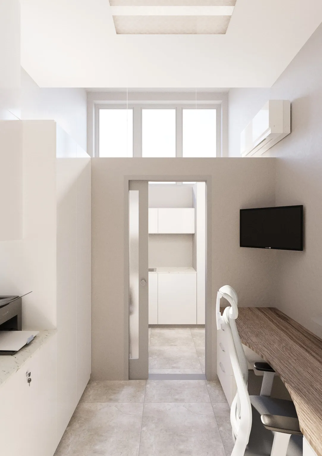 Nowoczesne minimalistyczne biuro z białą ścianą, długim drewnianym biurkiem, dwoma komputerami i białymi krzesłami biurowymi.