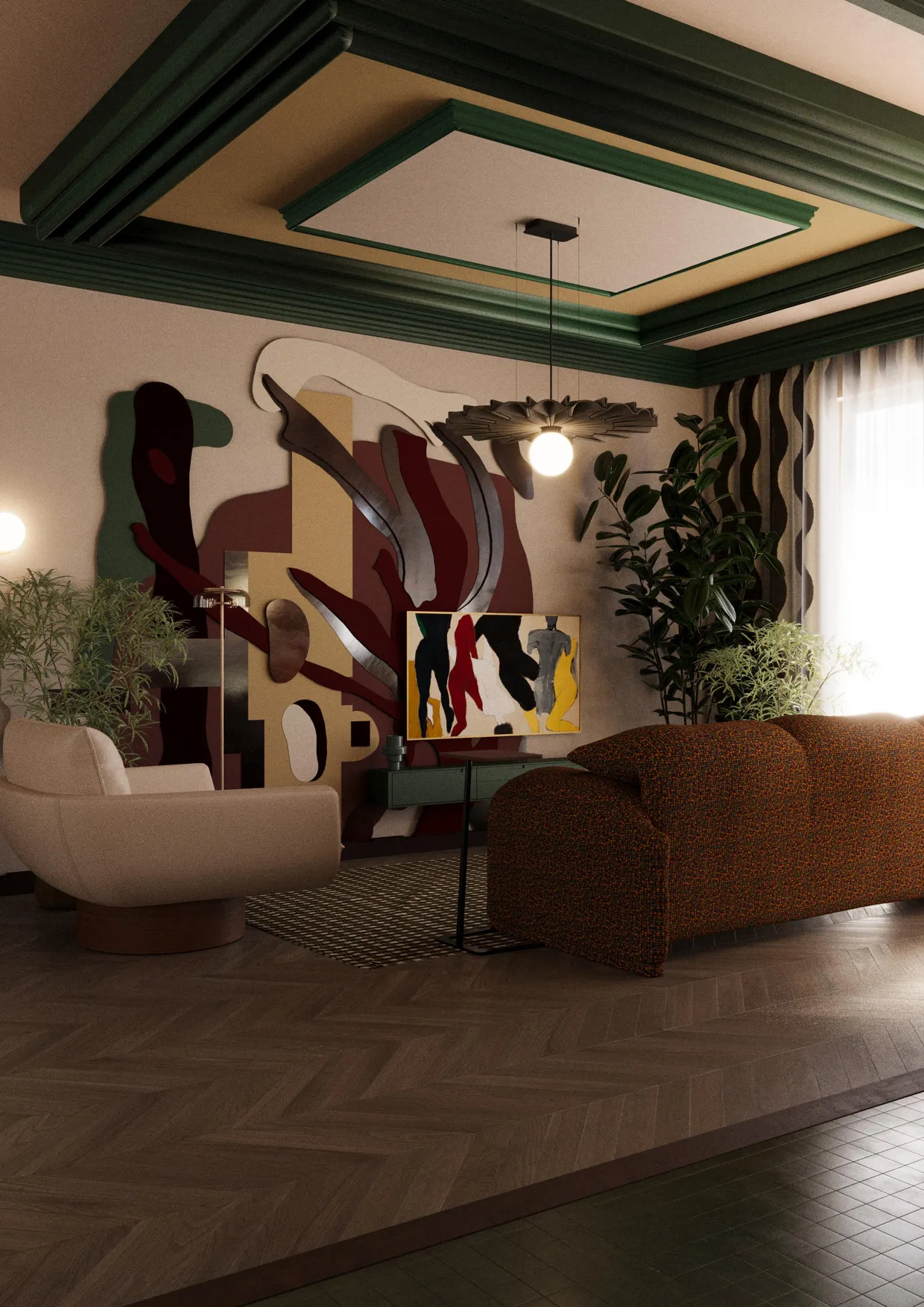 Salon w stylu art deco z zieloną sztukaterią, abstrakcyjnym muralem, sztuką modernistyczną, kremowym fotelem obrotowym, wzorzystym fotelem i podłogą w jodełkę.