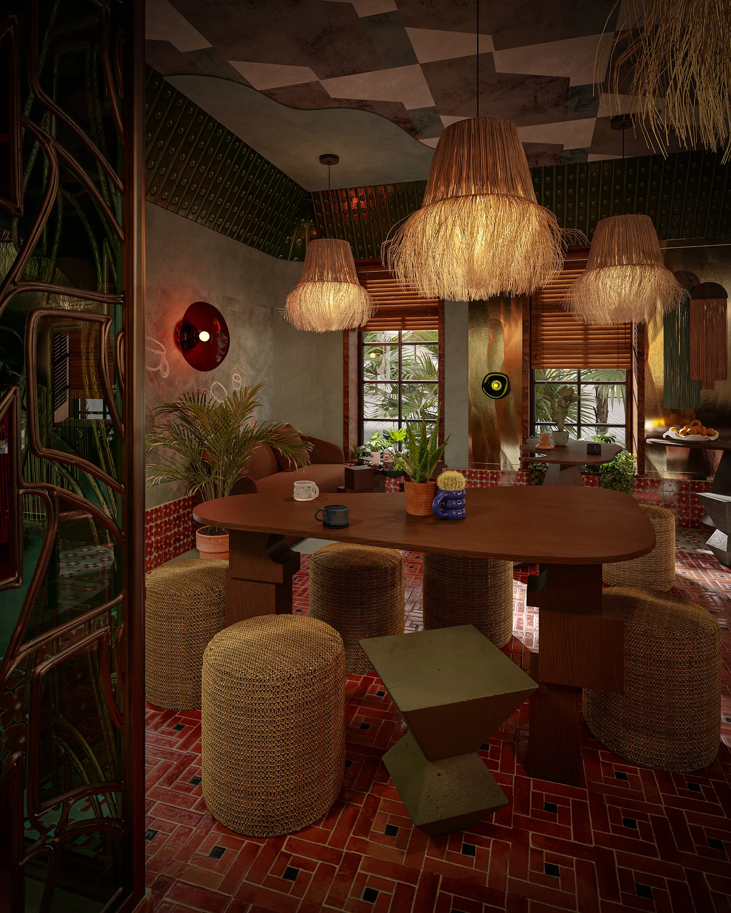 Whimsical cafe with a long bar, coffee machine, lush greenery, unique lighting, and a colorful tiled floor. Inviting and eclectic vibe.