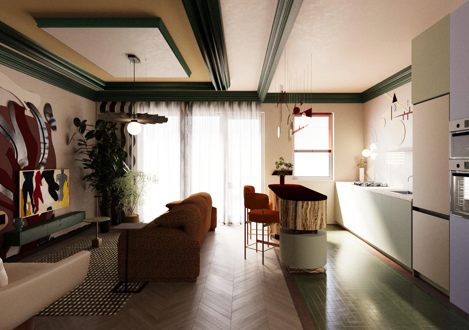 Przestronne mieszkanie z brązową sofą, abstrakcyjną sztuką, białą kuchnią, drewnianą wyspą i wyjątkową lampą wiszącą.