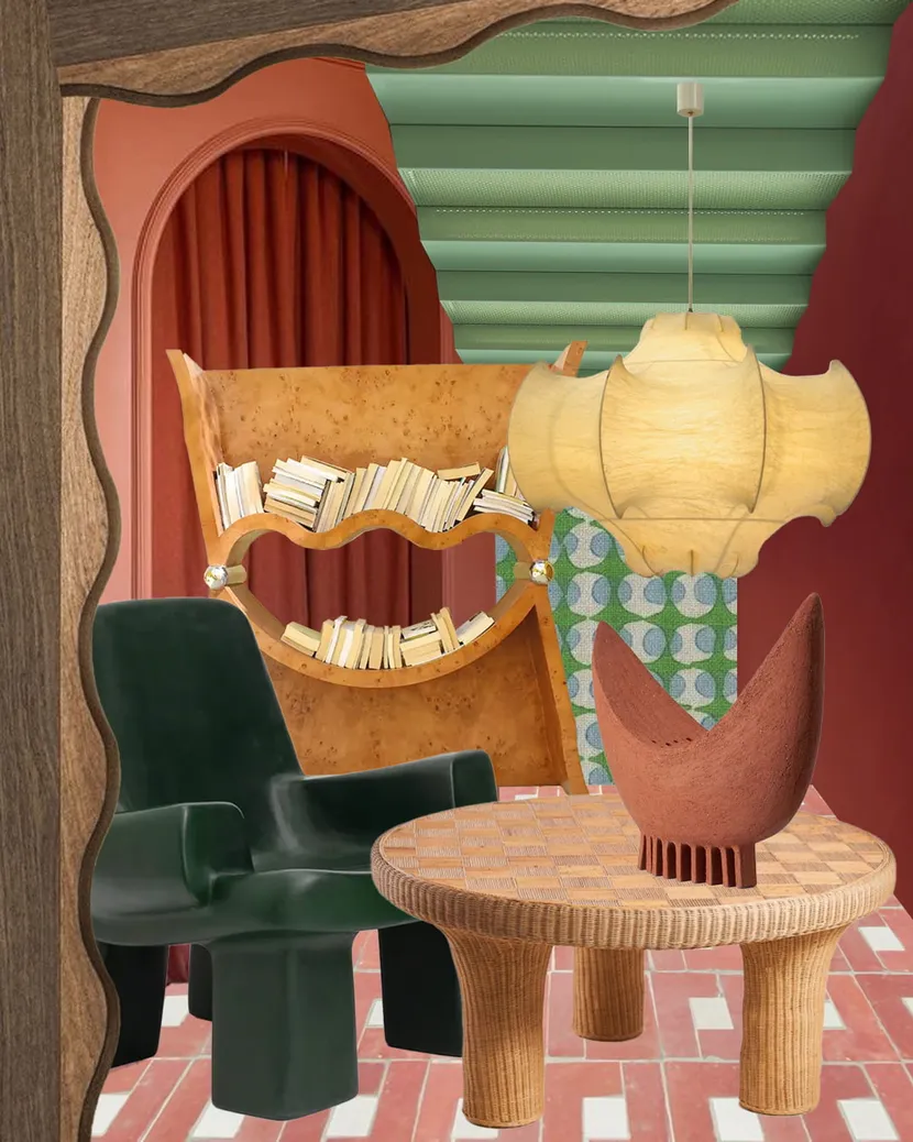 Surrealistyczny salon z zielonym fotelem, drewnianym regałem, wzorzystym stolikiem, czerwono-zielonymi ścianami i rzeźbiarską lampą.