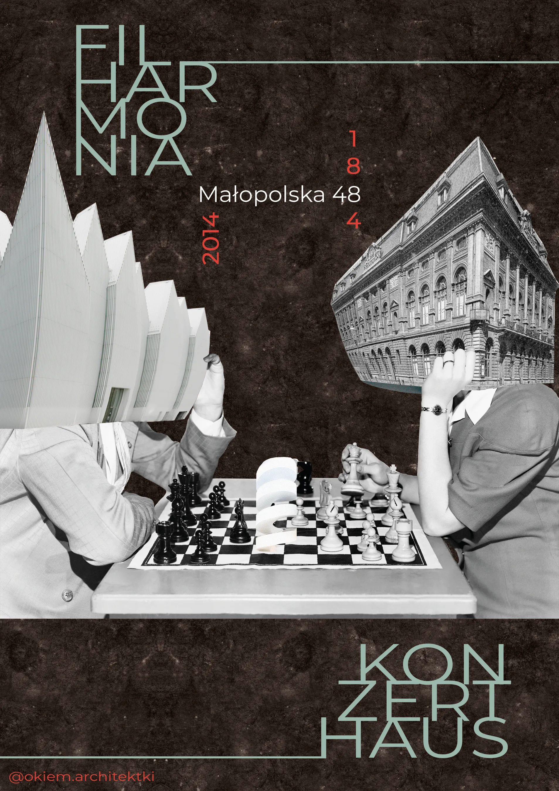 Surrealistyczny kolaż z budynkami Filharmonii jako głowami nad szachistami, tekst zawiera 'Filharmonia' i 'Konzerthaus'.