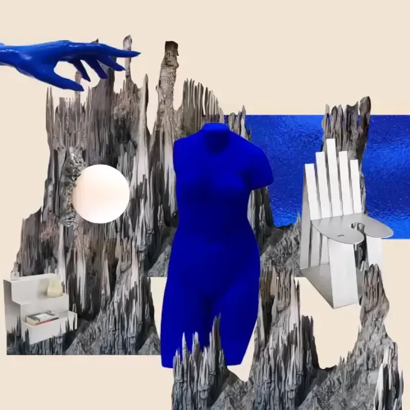 a surreal and whimsical collage of objects and patterns with dominating colors of ultramarine and chrome silver